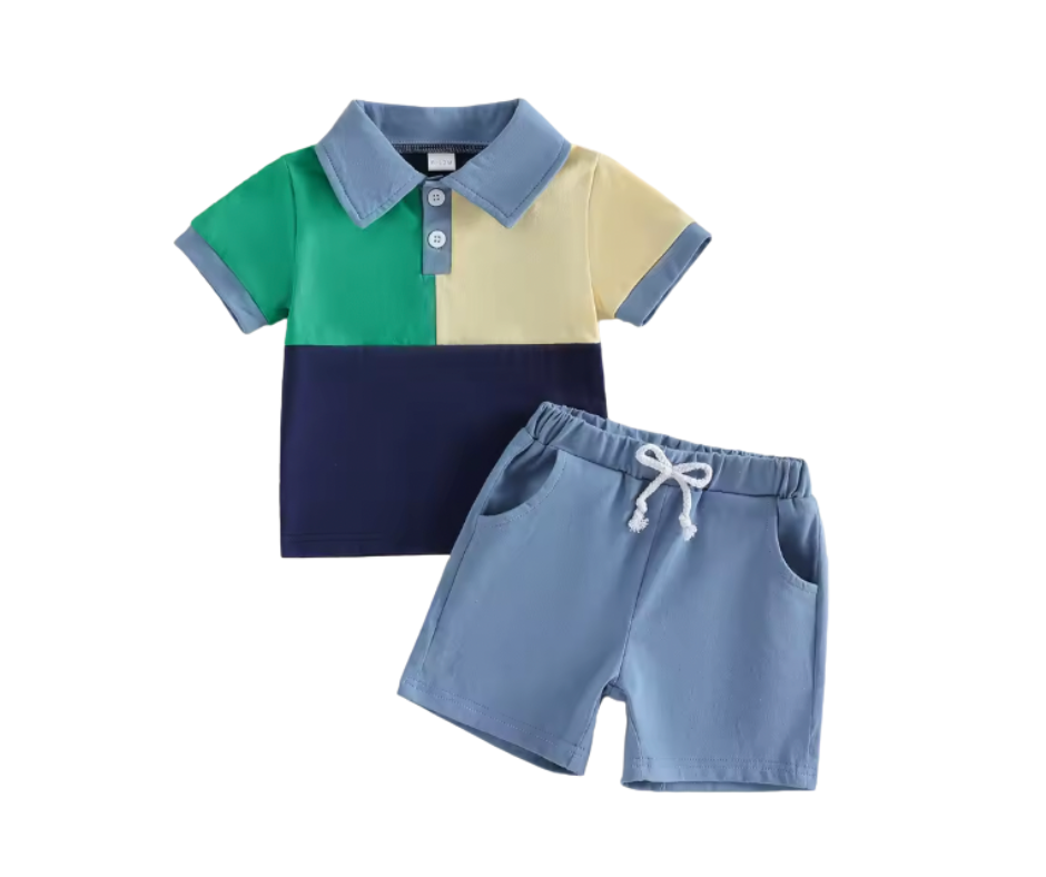 Green and Yellow Colorblock Collared Short Set