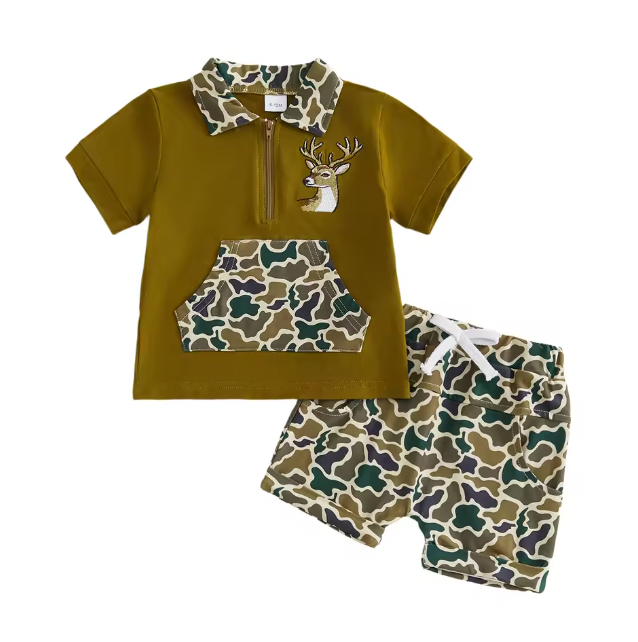 Quarter Zip Embroidered Camo Deer Short Set