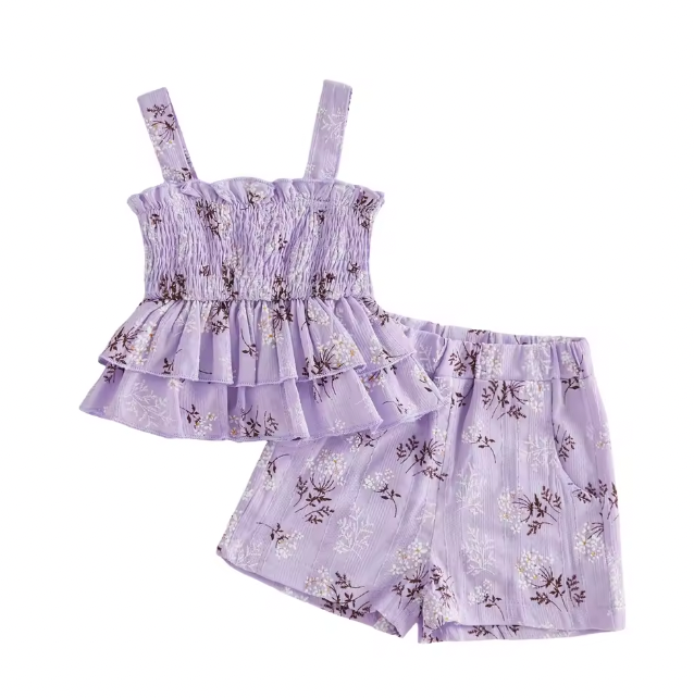 Purple Dainty Floral Ruffle Tank Set