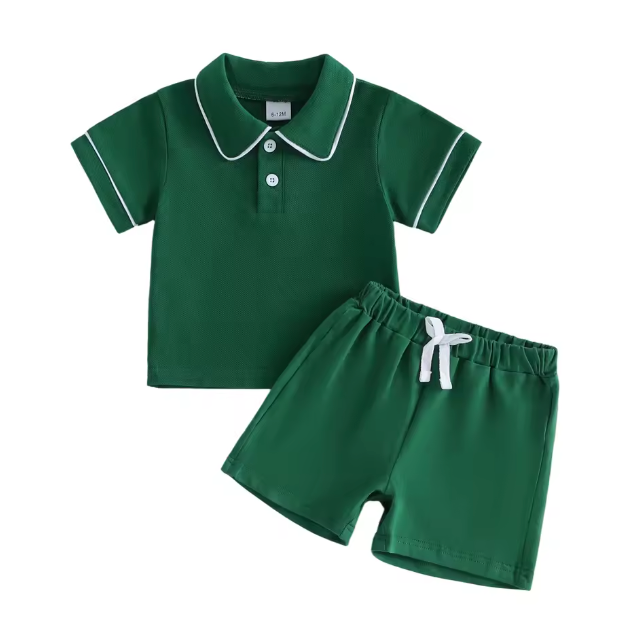 Green White Trim Collared Short Set