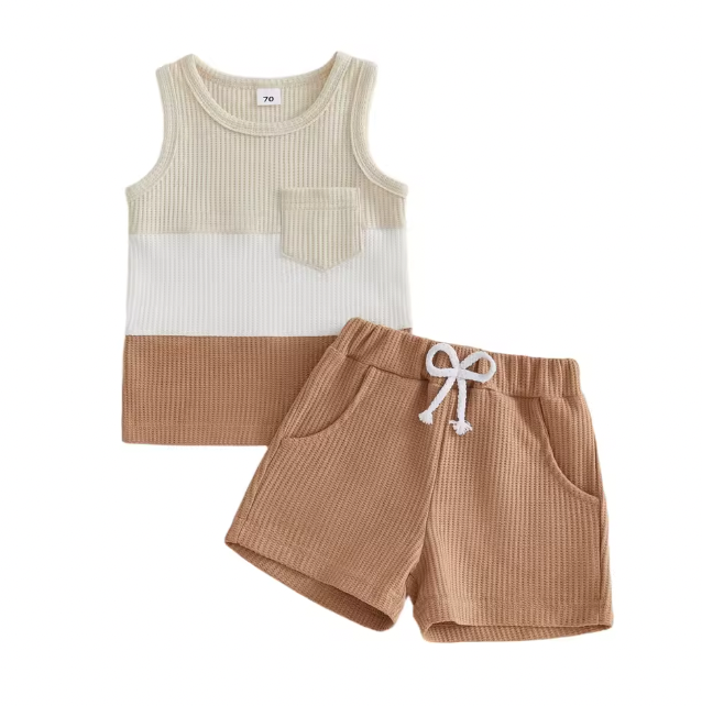 Beige Ribbed Pocket Tank Short Set