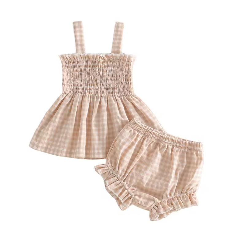 Tan Gingham Scrunch Bloomer Set