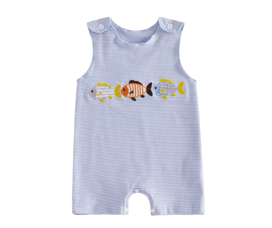 Embroidered Fish Blue Striped Shorty Romper
