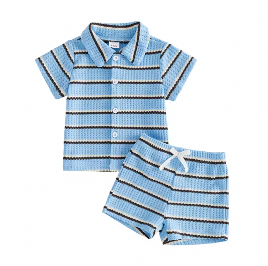 Blue and Cream Striped Short Set