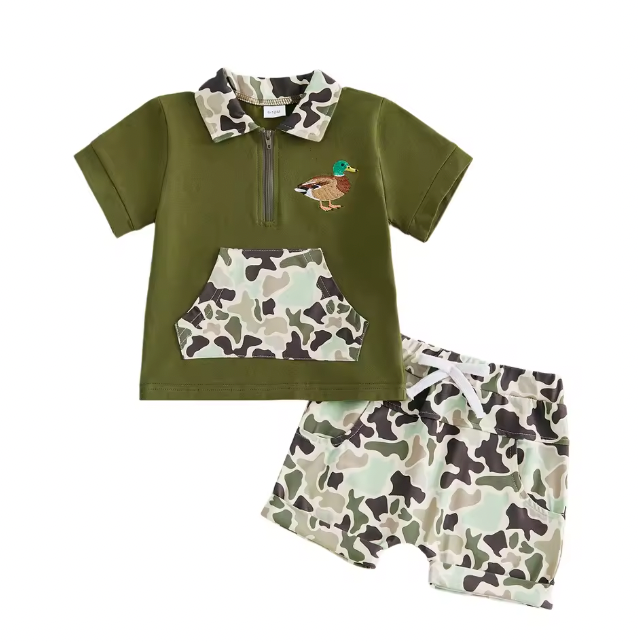 Quarter Zip Embroidered Camo Duck Short Set