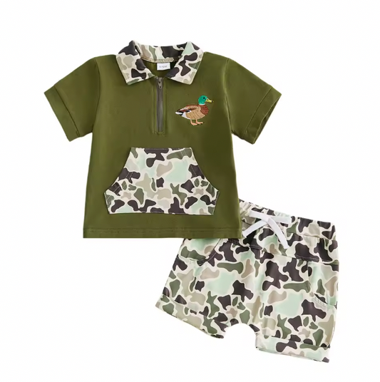 Quarter Zip Embroidered Camo Duck Short Set