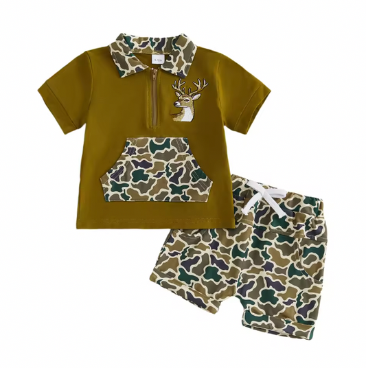 Quarter Zip Embroidered Camo Deer Short Set