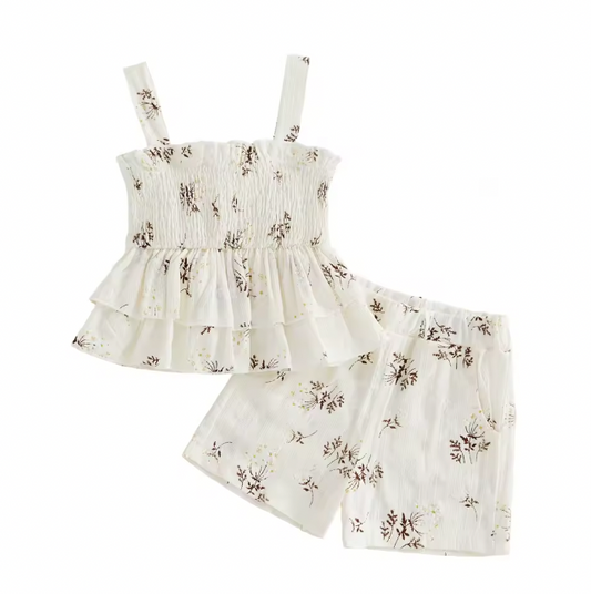 Beige Dainty Floral Ruffle Tank Set