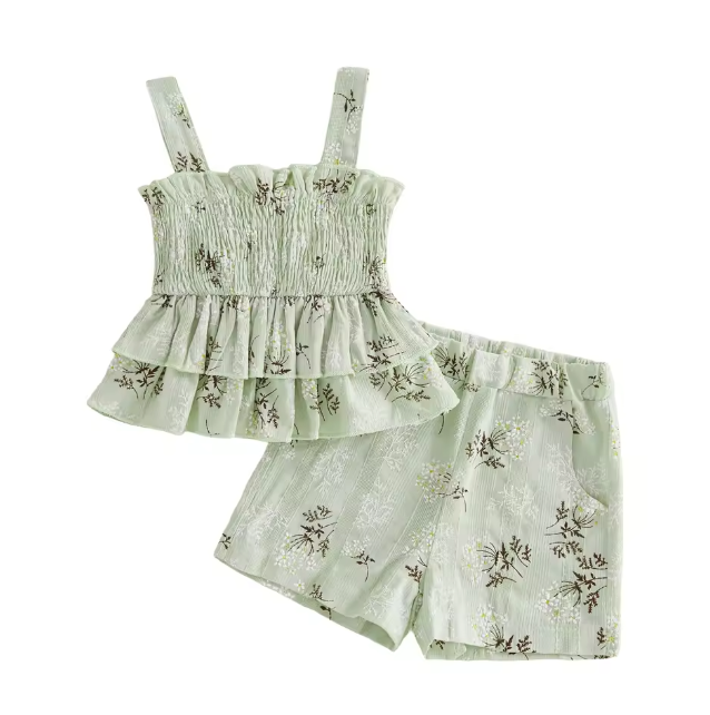 Green Dainty Floral Ruffle Tank Set