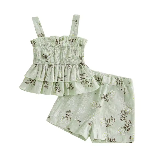 Green Dainty Floral Ruffle Tank Set