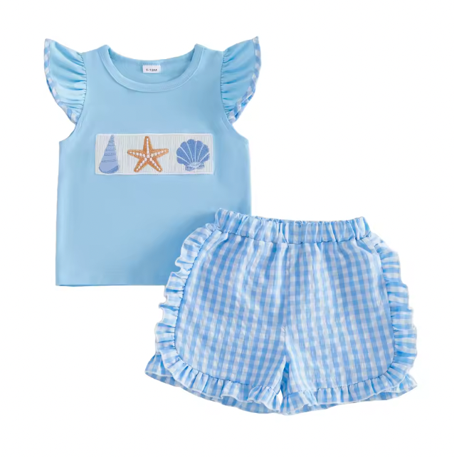 Blue Embroidered Starfish Seersucker Short Set