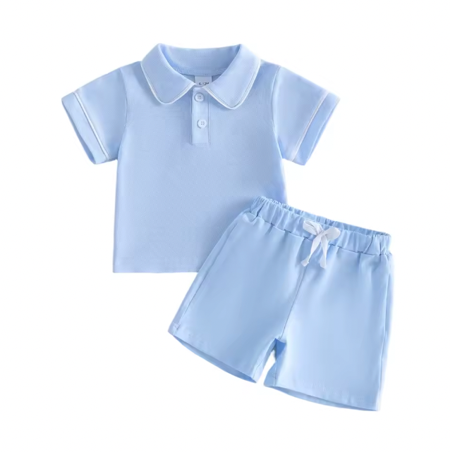 Blue White Trim Collared Short Set