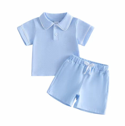 Blue White Trim Collared Short Set