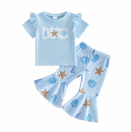Blue Seashell Embroidered Bell Set