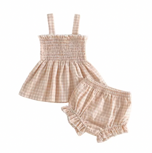 Tan Gingham Scrunch Bloomer Set