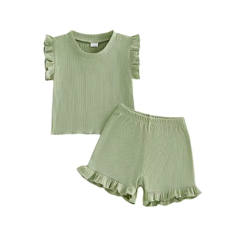 Green Solid Ruffle Short Set